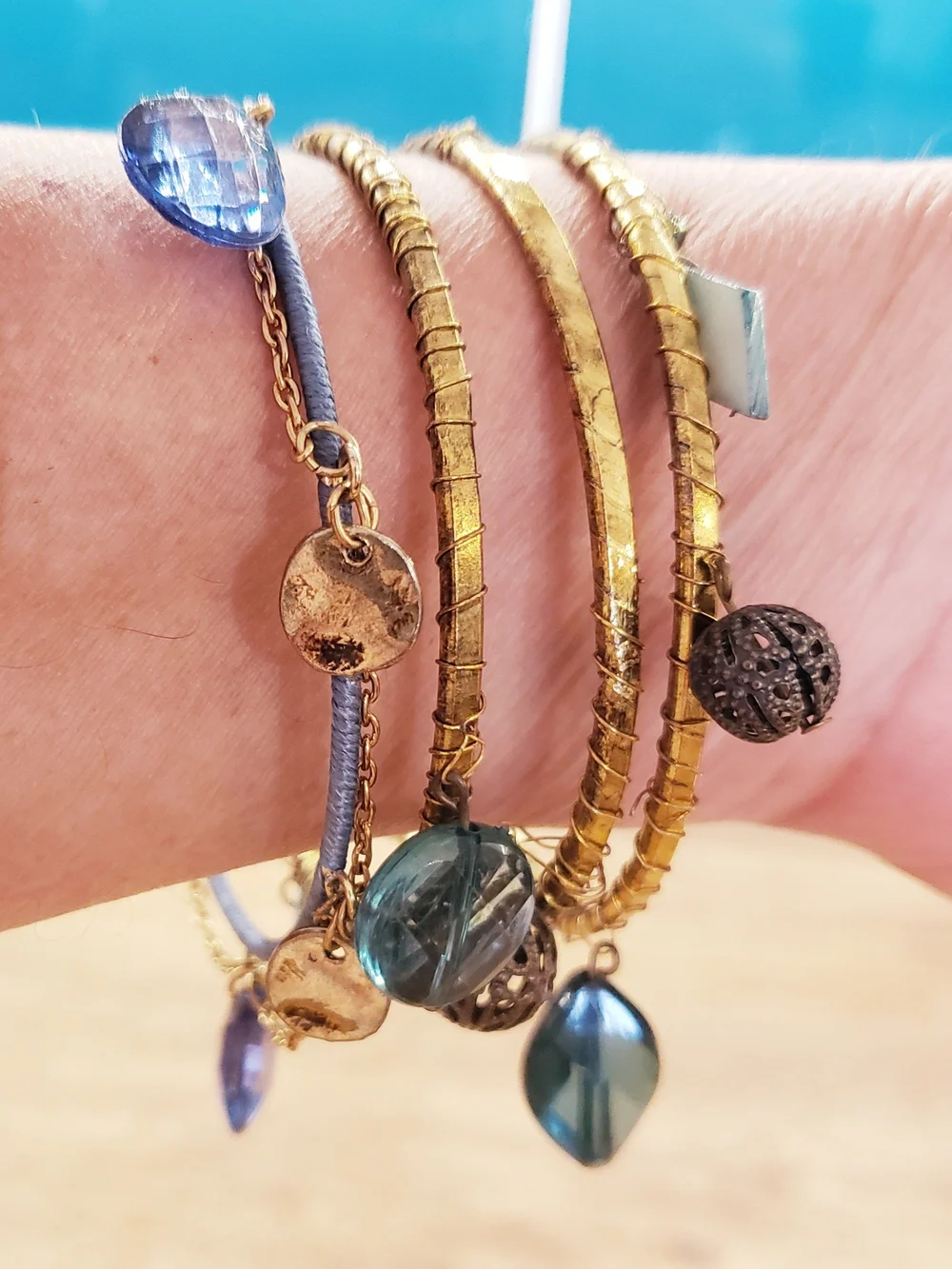 Gold and Teal Beaded Stackable Women's Bracelet Set